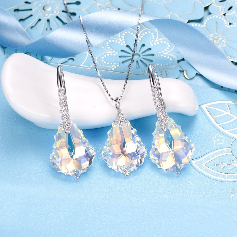 EleQueen 925 Sterling Silver CZ Baroque Drop Pendant Necklace Dangle Earrings Set Iridescent Aurora Borealis Made with Austrian Crystal - Image 2